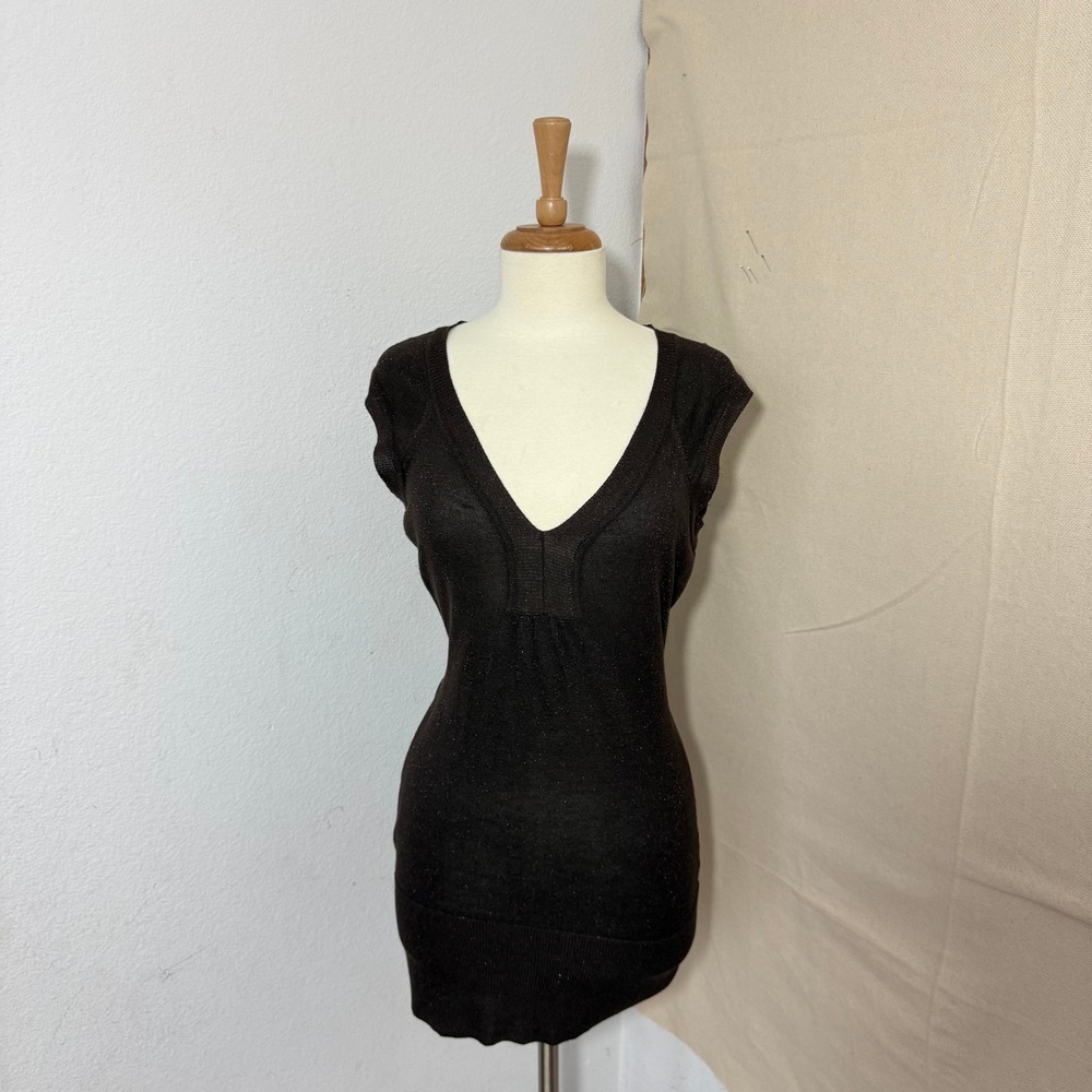 Seven7 Studio Womens Brown Metallic Knit V-Neck Cap Sleeve Tunic Top Large